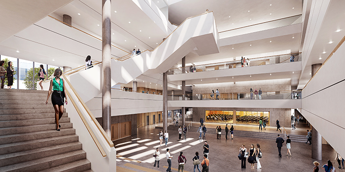 Rendering fra University of Cincinnati. Atrium med store lydmæssige udfordringer (Henning Larsen Architects)