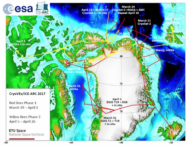 Flymålingerne udført i Arktis i foråret 2017 dækker et stort område fra Canada i vest til Svalbard i øst. (Kort: DTU Space/ESA)