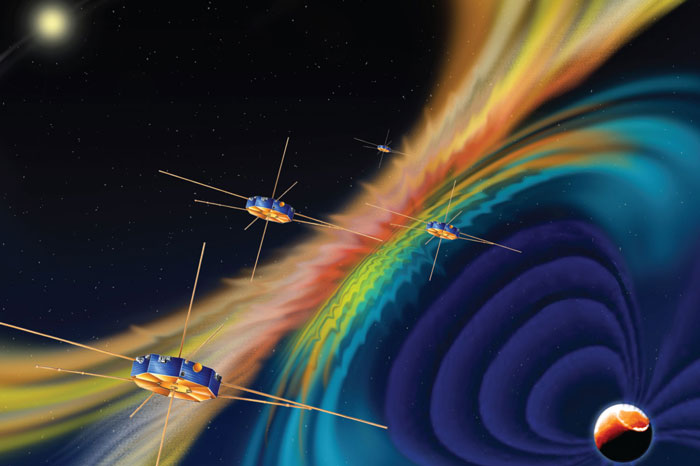 De fire fartøjer skal flyve rundt om Jorden i en fast formation med en indbyrdes afstand på ti kilometer. Illustration: NASA