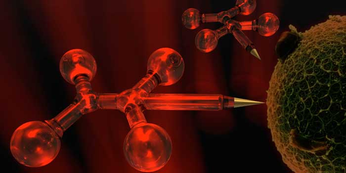 Illustration of optical micro-robots interacting with a biological surface.Each micro-robot is fitted with four ‘control balls’. Firing laser light into these balls makes it possible to control the micro-robots extremely accurately in three dimensions and in real time. Illustration: DTU Fotonik