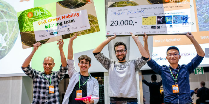 Team CaneX vinder Open Innovation X, Oi-X konkurrence på DTU. De studerende i teamet er fra venstre: Antonio V. Arbues, Jingrui Ge, Mohammad Hossein Kazemi, Prasanna Chandrasekaran., Foto: Kaare Smith
