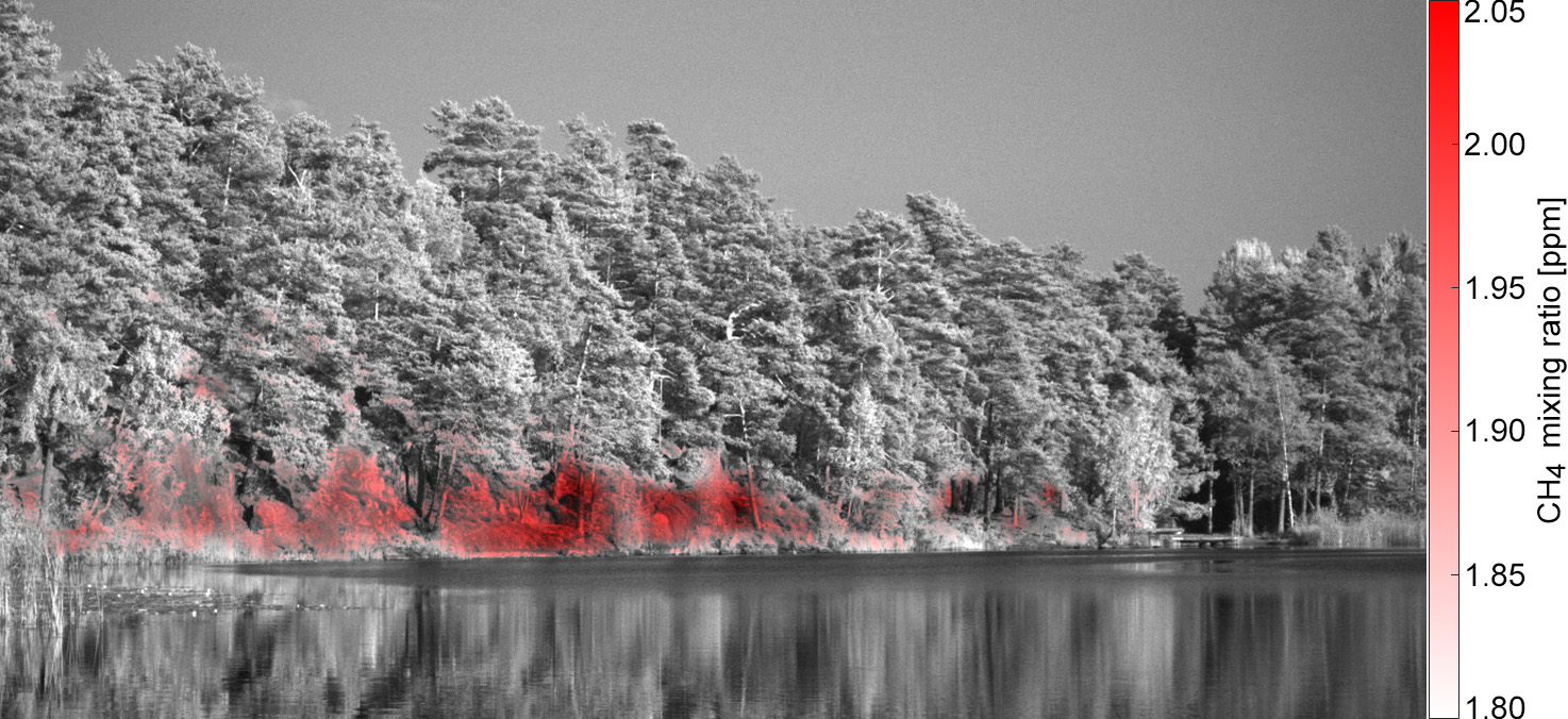 Using infrared spectroscopy, invisible pollutant gases can be identified and quantified. In this image, regions of high methane concentration are indicated in red.