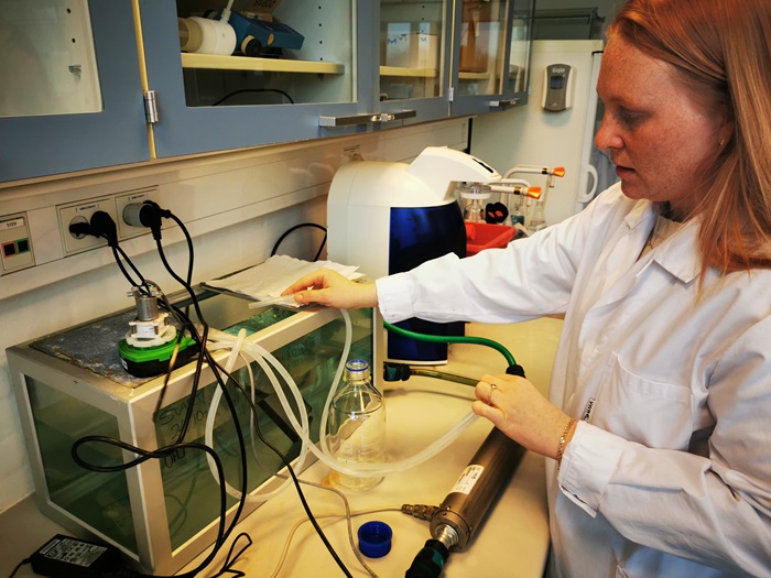 Miljøigeniørstuderende Henriette Binderup skriver speciale i samarbejde med virksomheden LAGUR A/S og Cembrane A/S. Specialet handler om membranfiltrering og elektromagnetiske felters indflydelse på drikkevandskvalitet. Fotograf: Martin Rygaard