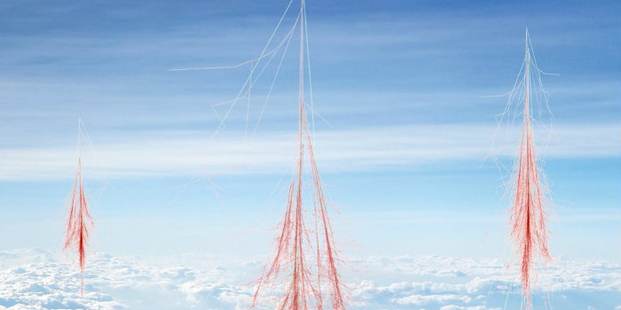 Cosmic rays interacting with the Earth's atmosphere producing ions than can turn small aerosols into cloud condensation nuclei – seeds on which liquid water droplets form to make clouds. It is cascades of secondary particles that ionize molecules when traveling through the air. (Illustration: H. Svensmark/DTU)