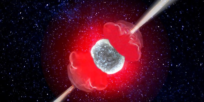 SN 2017iuk emitting intense gamma-ray bursts at its ends—shown as grey jets—while material is simultaneously ejected in a ‘cocoon‘ shape at the sides—shown in red. Illustration: Anna S. Esposito.
