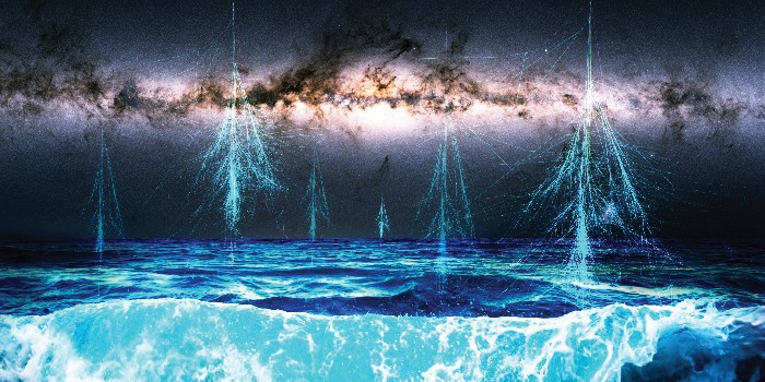 Supernova cosmic ray particles enters the Earth’s atmosphere and produce shower structures of secondary particles. A phenomenon that according to new research has influenced life on Earth over billions of years. (Illustration: H. Svensmark/DTU Space)