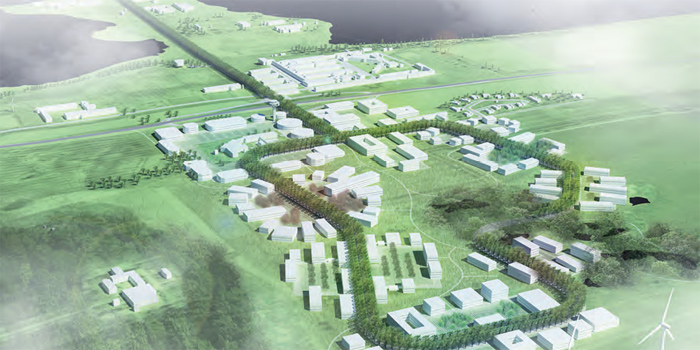Sådan kunne området komme til at se ud på langt sigt. Tanken er at videreføre strukturen med klynger af huse og en sammenbindende række af træer fra Risø Campus-området. Forskerparken skal være bæredygtig både i sin produktion og i de fysiske forhold.