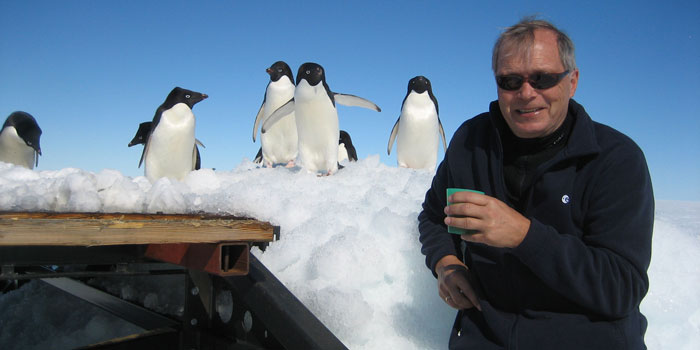 Professor René Forsberg får besøg af nysgerrige pingviner ved sin kaffepause på Antarktis i 2013. Foto: DTU Space