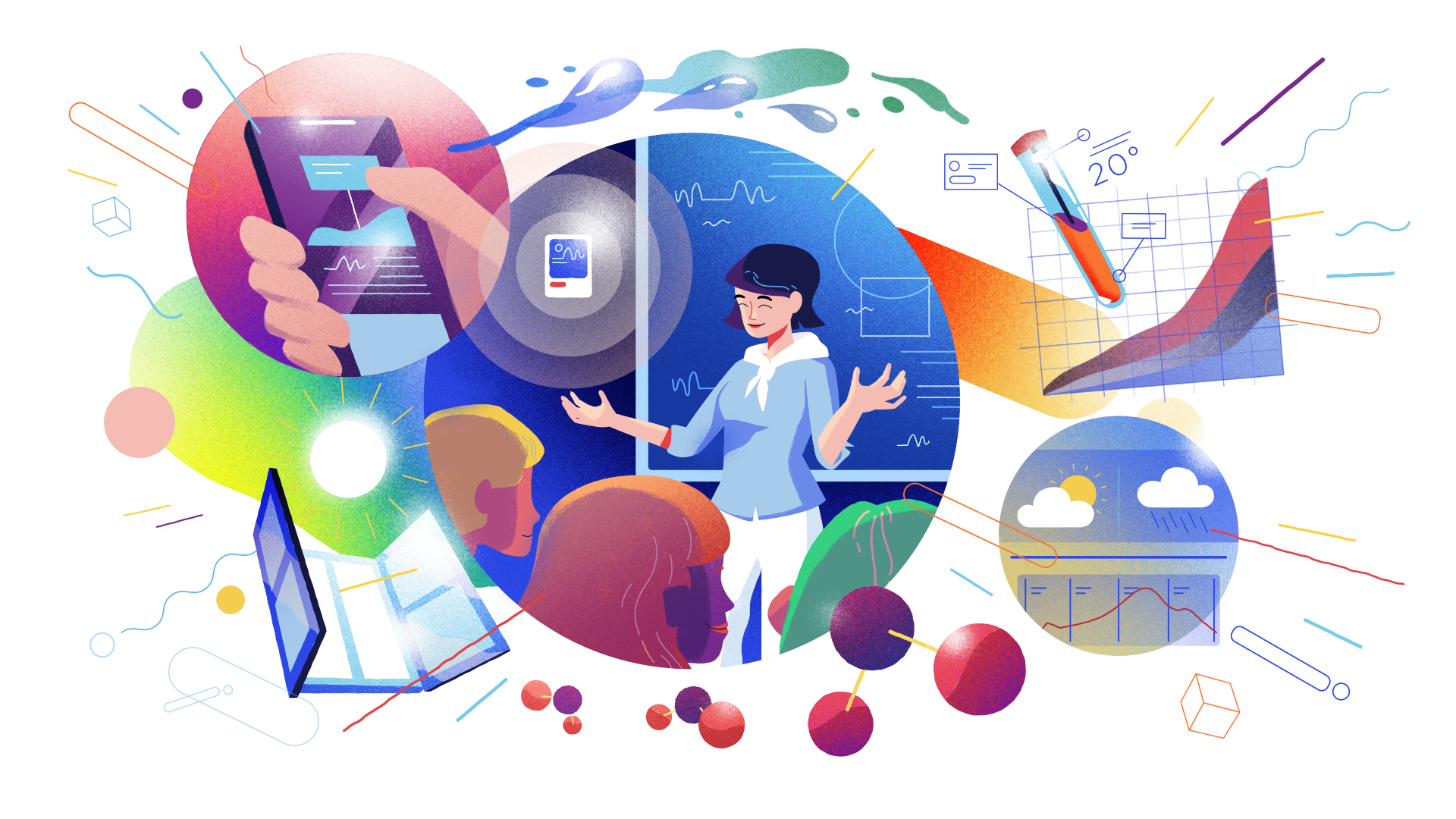 Farverig illustration med en lærer, et termometer, en vejrudisgt, åbne vinduer og en smartphone ©Benny Box Farverig illustration med en lærer, et termometer, en vejrudisgt, åbne vinduer og en smartphone