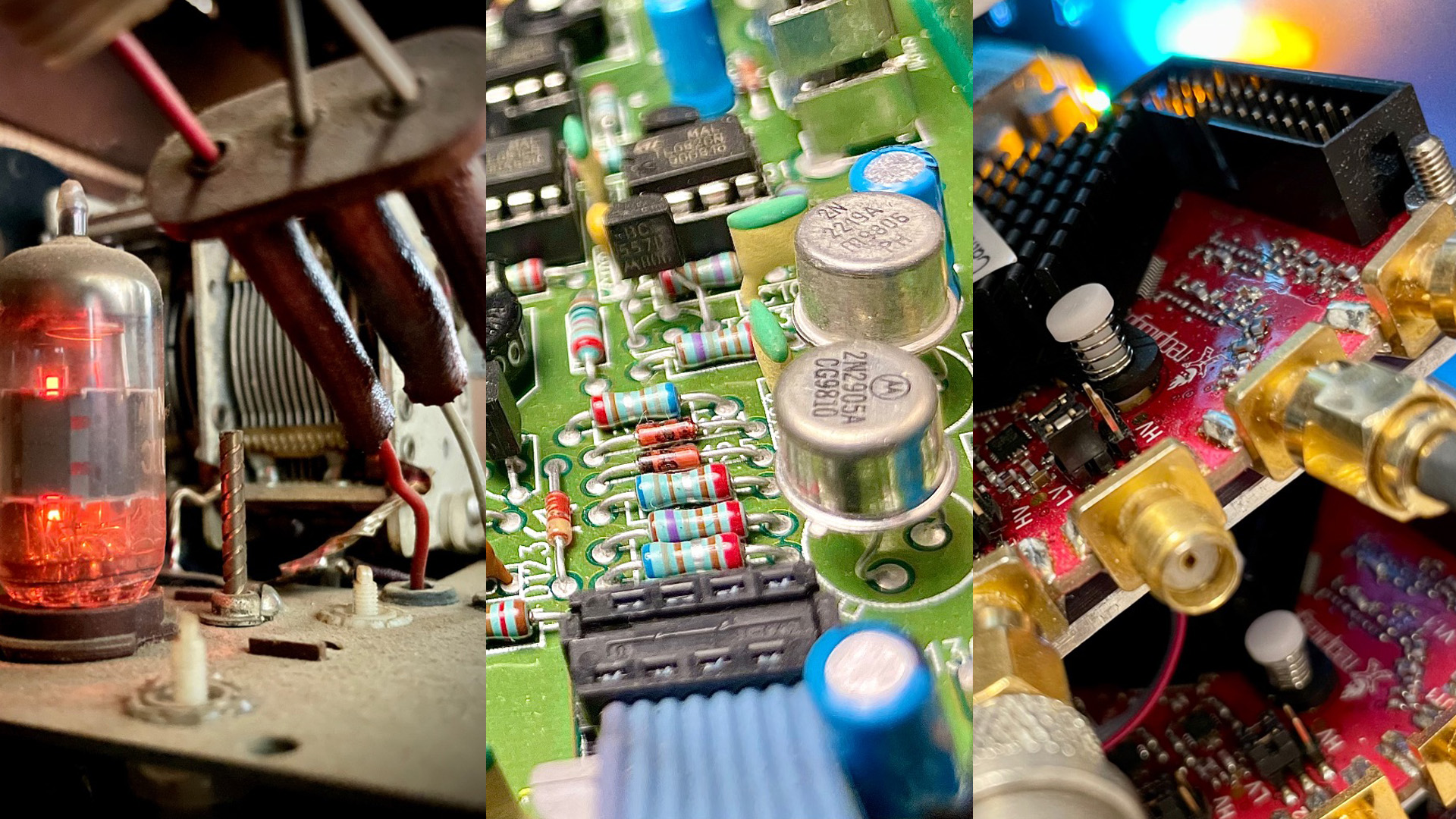 En tur rundt i laboratoriets gemmer giver et indblik i transistorens udvikling. (venstre) Det karakteristisk glødende radiorør, der var forløberen for transistoren og som stadig findes i f.eks gamle radioer og rørforstærkere. (midten) 2N2905A og BC557B er eksempler på enkelte transistorer, der bruges som hhv. tænd-sluk kontakt og forstærker. (højre) Red Pitaya boards med FPGA og en moderne ARM processor, der indeholder mere end 20 millioner transistorer. Fotos: Ulrich Hoff.