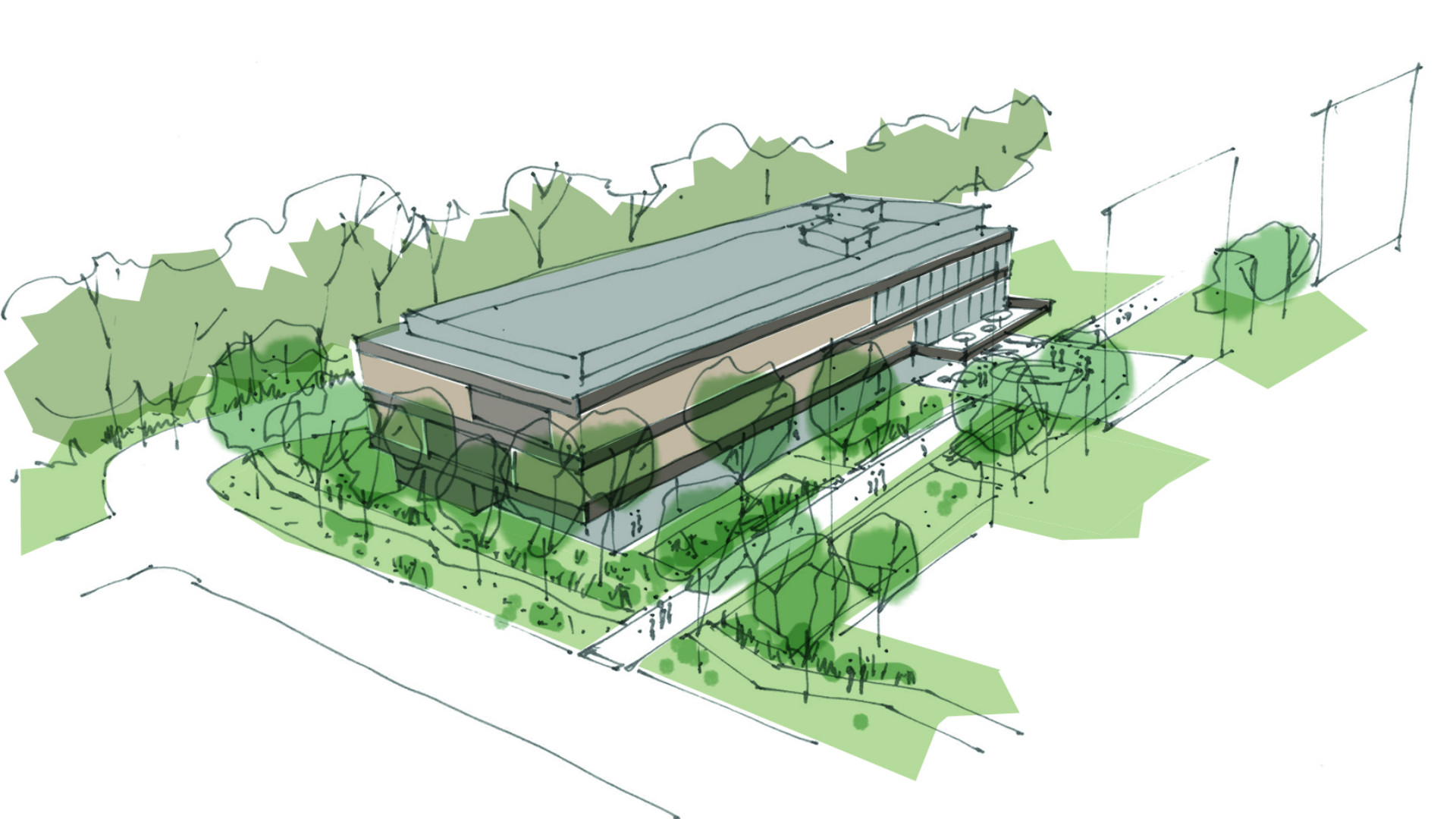 Illustration af det konceptuelle design af bygningen til Novo Nordisk Fonden Cellerator. Udarbejdet af Tegnestuen Kontekst ApS.