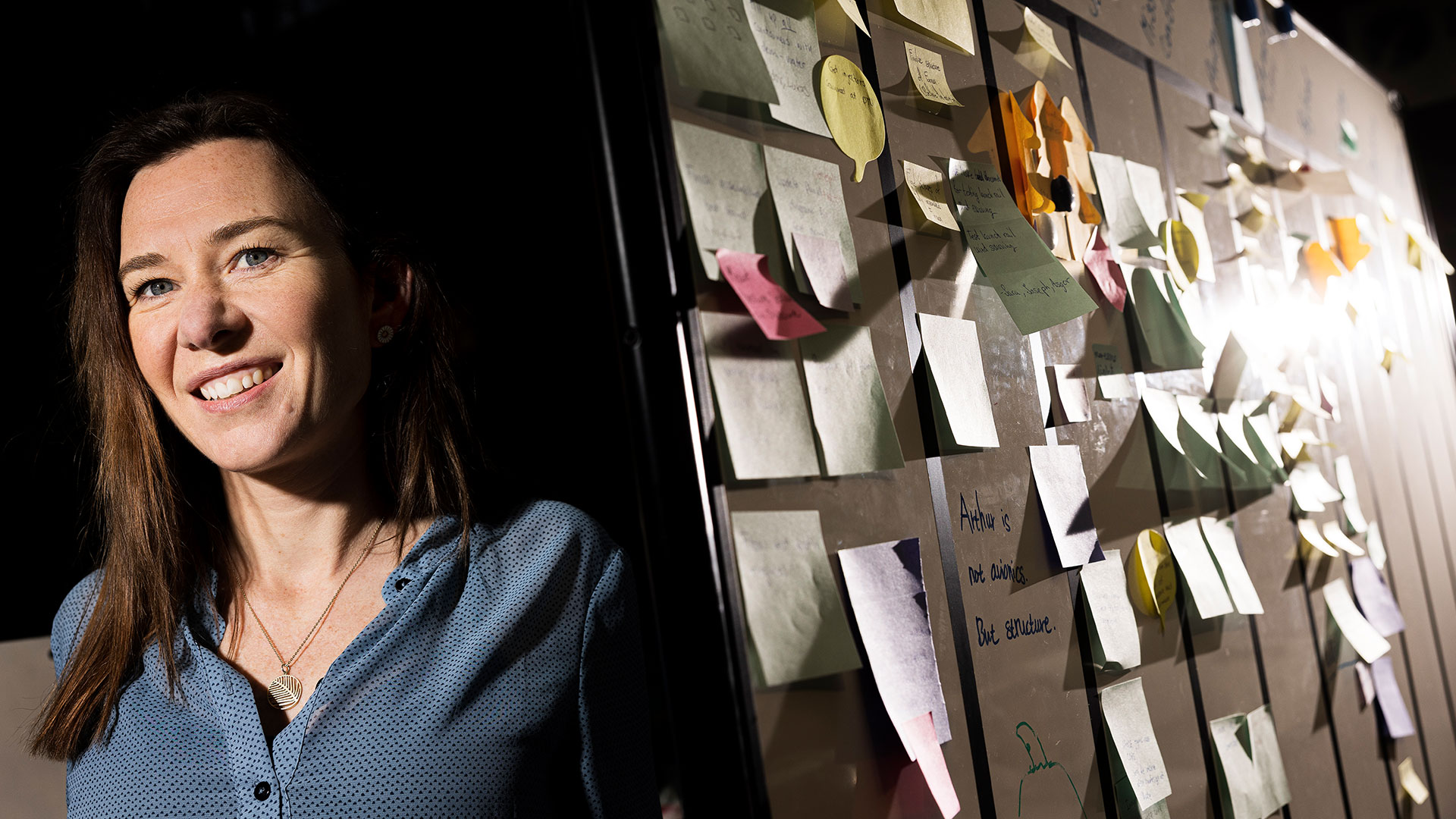 Lektor Carina Lomberg foran et whiteboard fyldt med sticky-notes. Foto: Joachim Rode