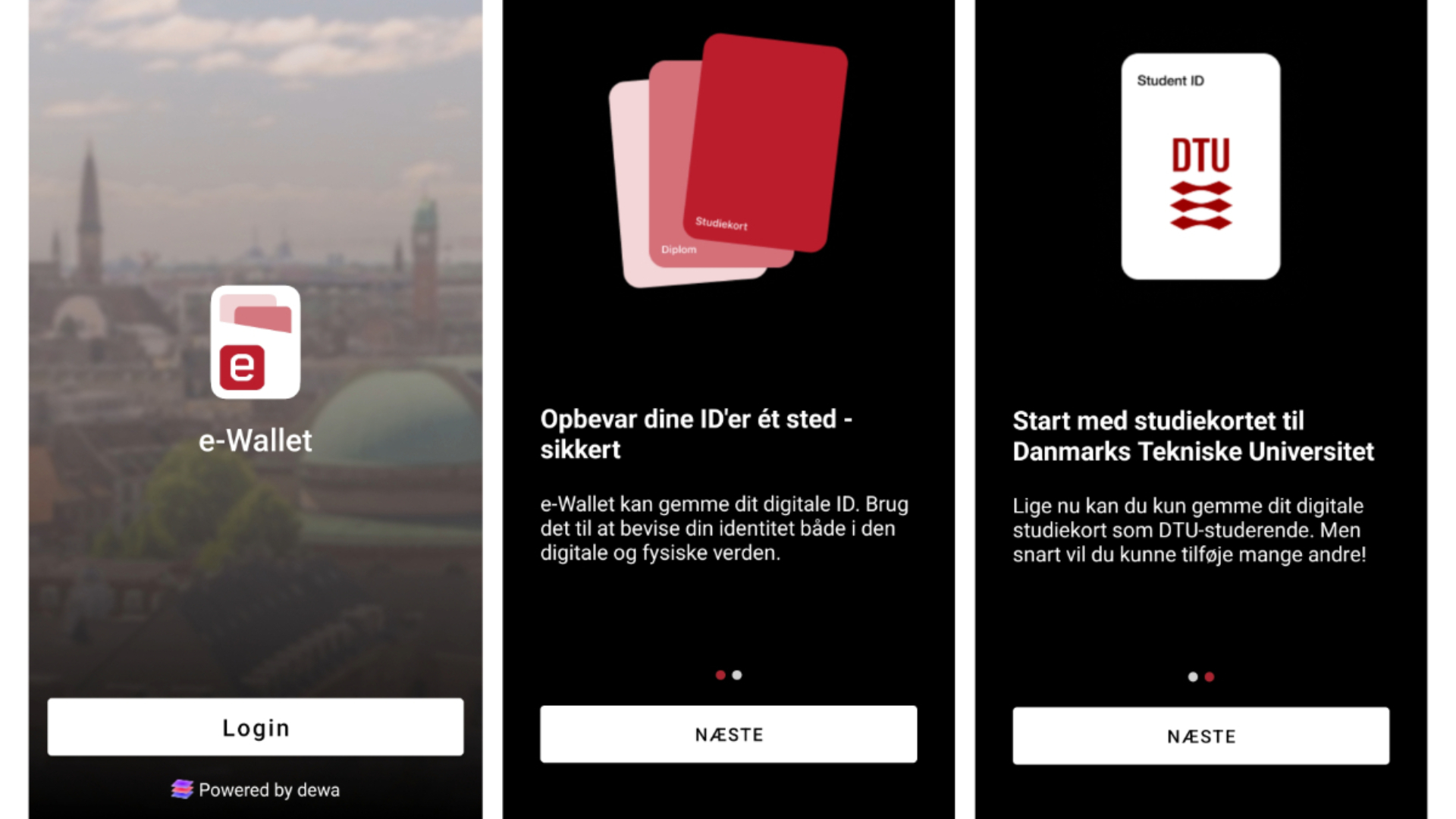 Tre screenshots fra appen e-Wallet med DTU's logo til login