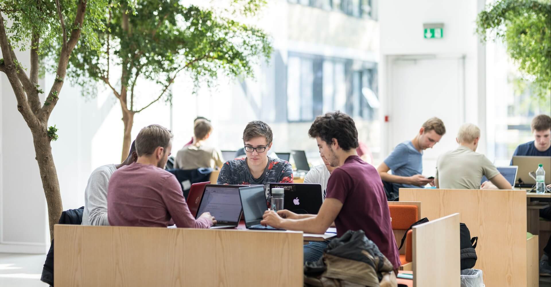 studerende arbejder ved bærbare computer i åbent studiemiljø på DTU