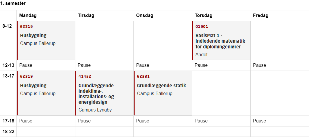 Eksempel på et ugeskema på diplomingeniøruddannelsen ©DTU Eksempel på et ugeskema på diplomingeniøruddannelsen