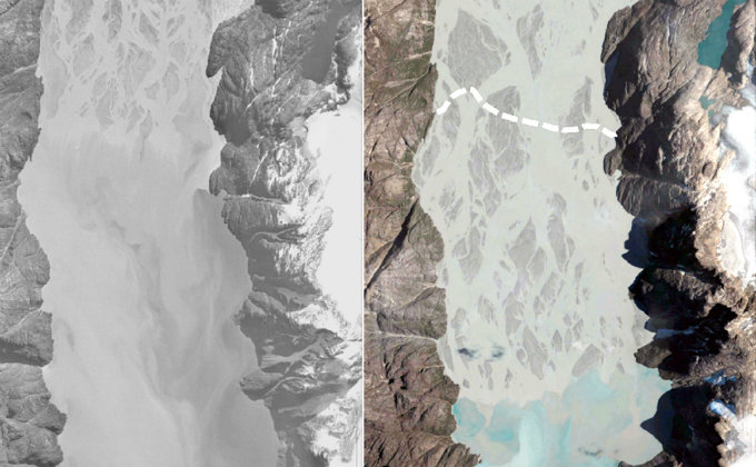 (Til venstre et billede af et delta fra 1985, til højre det samme delta i 2010. Illustration Københavns Universitet/Google Earth)