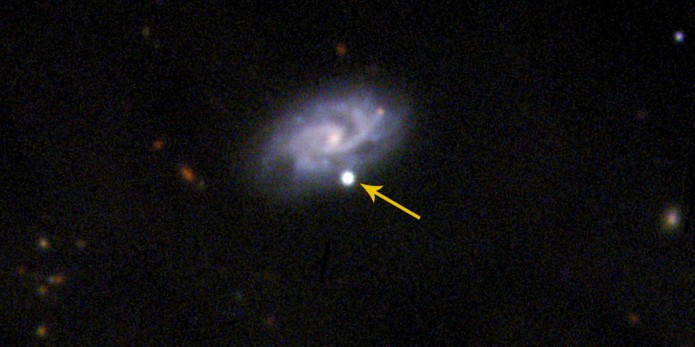 Hypernovaen kaldet SN 2017iuk set fra Jorden ved en spiralgalakse 500 mio. lysår væk med det spanske Gran Telescopio Canarias. (Billede:  Antonio de Ugarte Postigo/IAA/CSIC)