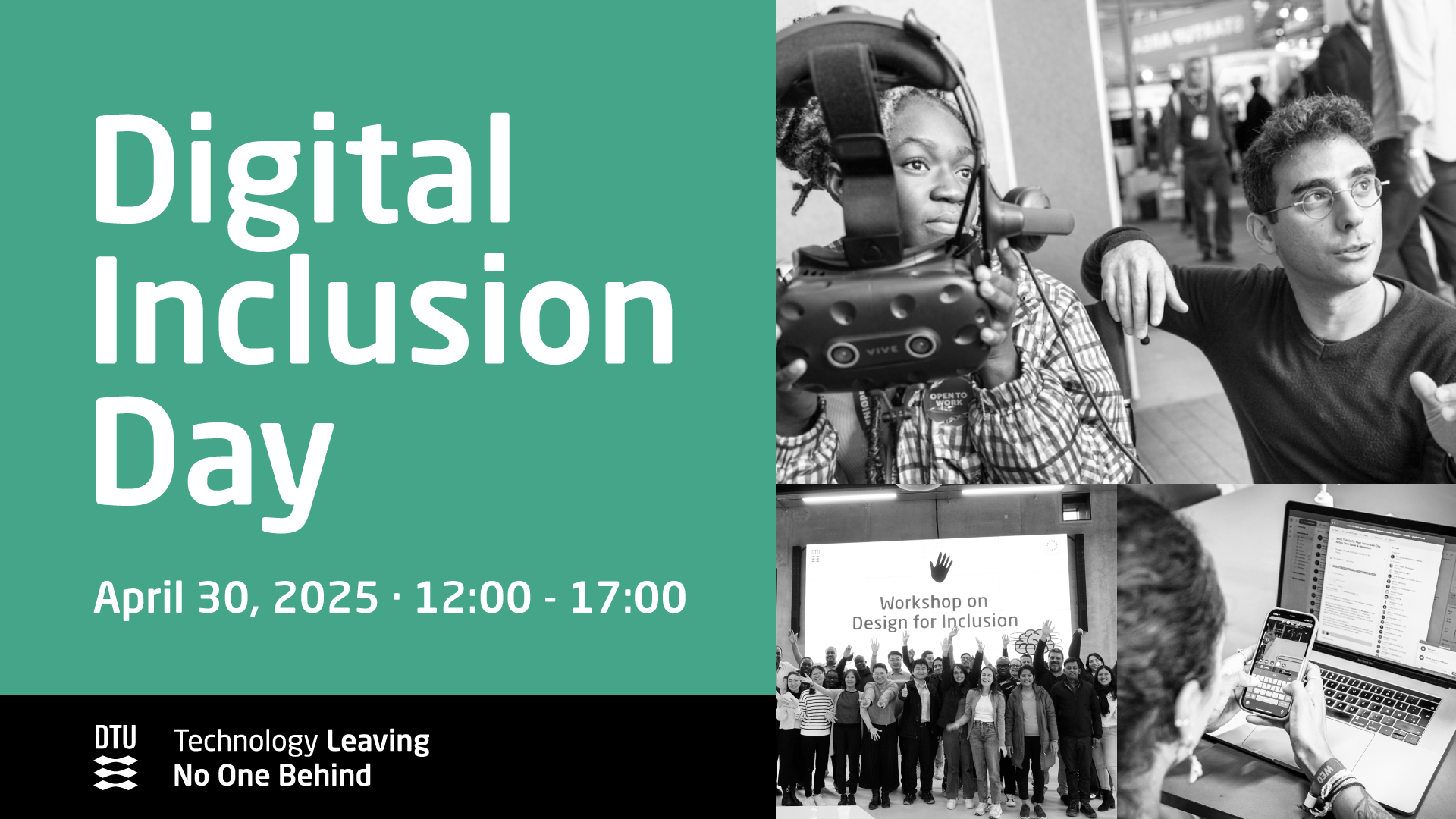 Visual showing the event name and date, as well as 3 small pictures of a VR headset, a computer and a crowd in front of a PowerPoint presentation saying "Workshop"