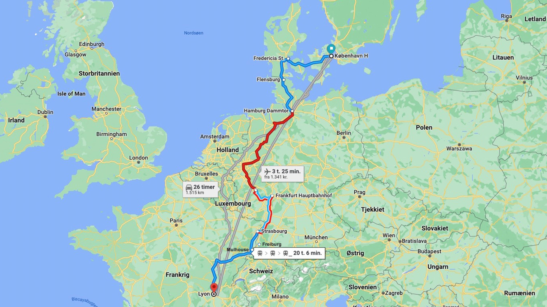 Google Maps route guidance with three different routes (plane, train, car) on the same map.