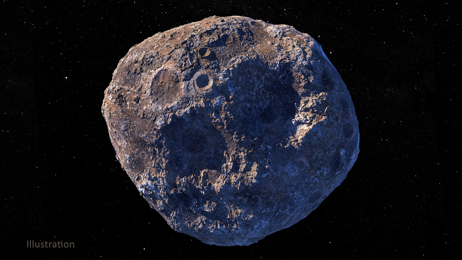 This illustration, created in March 2021, depicts the 140-mile-wide asteroid Psyche, which lies in the main asteroid belt between Mars and Jupiter.