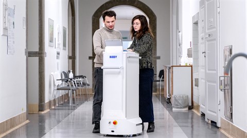 Sara Lopez Alaguero and Andrei Chirtoaca - founders of the robot startup Yuman - with one of their hospital robots. Photo: Bax Lindhardt
