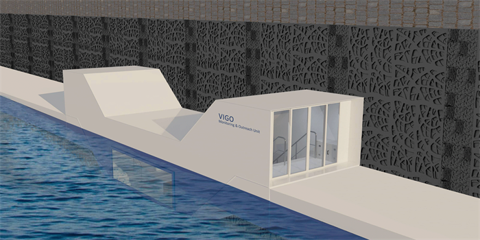 Platform by at the quay side with stairs to underwater observatory. Graphics: Econcrete.