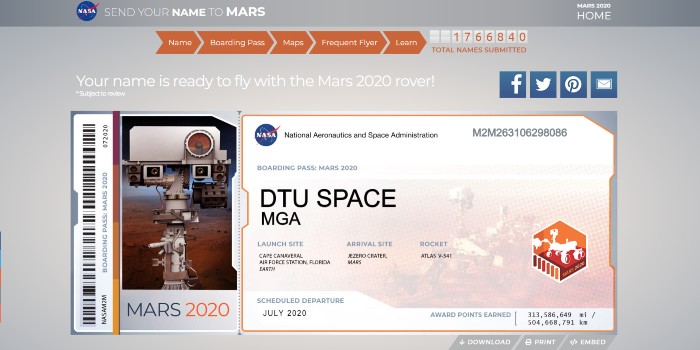 Med et 'Boarding Pass' til Mars-2020-missionen, kan man få sit navn med til Mars, lover NASA. (Illustration: NASA/MGA/DTU Space)