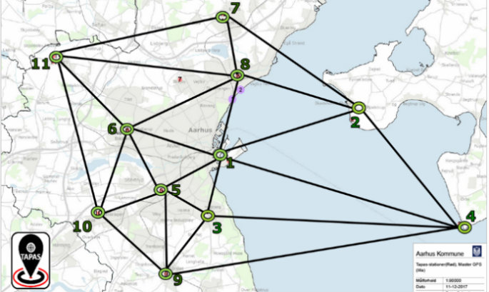 TAPAS-platformen består af 11 fast placerede referencestationer i og omkring Aarhus (Illustration: DTU Space)
